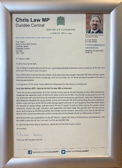 Save by the Bell Recognised in UK Parliament for 20 Years of Service.